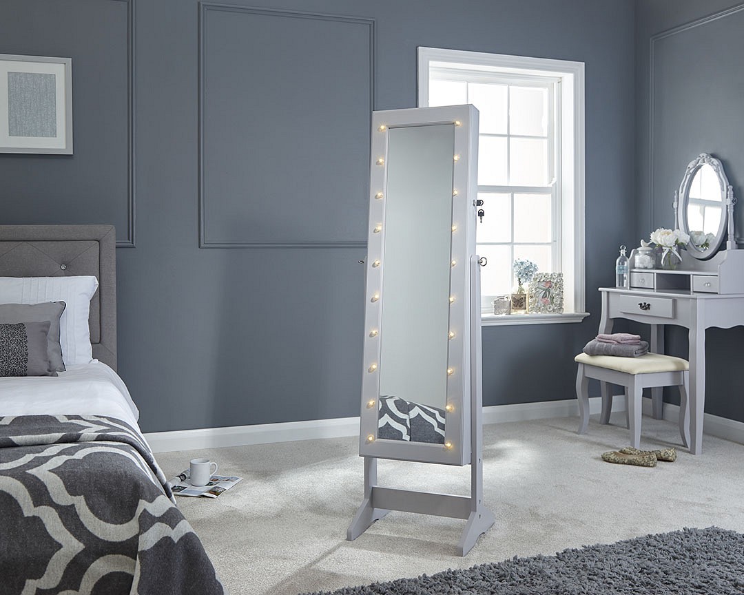 Jewellery Storage Amore Grey Mirrored Amoire with Led Lights 