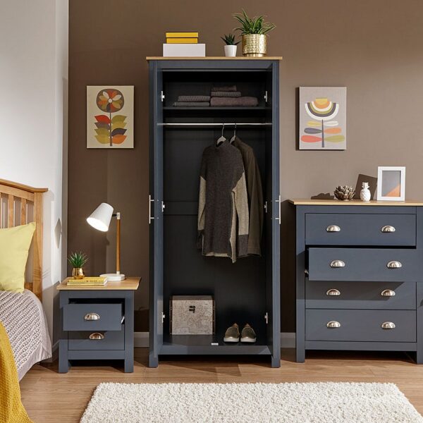 Kendal Grey Chest of 5 Drawers Bevelled Oak-Effect Top 2+3 Bedroom Drawers 