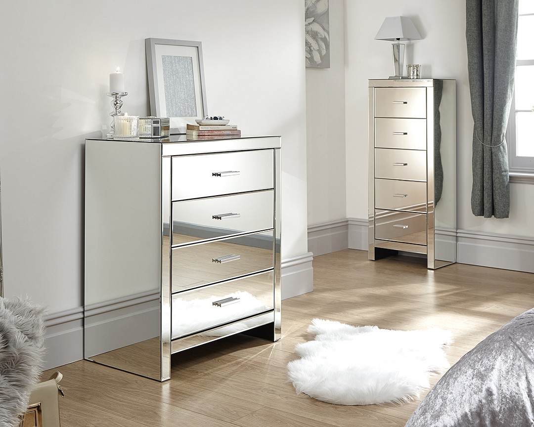 Home Source Mirrored Bedroom Furniture Chest of 4 Drawers Tallboy Tall Narrow Venetian 
